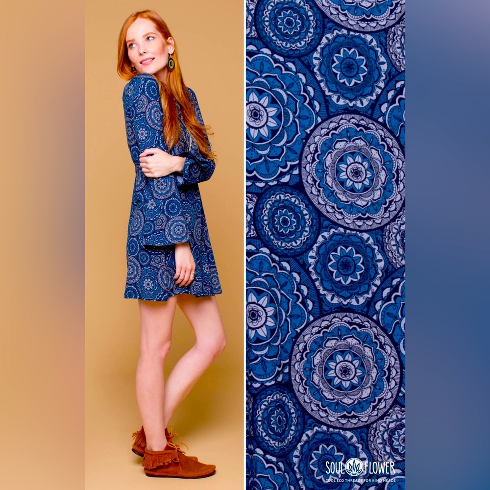 Soul Flower Organic Cotton Blue mandala bell sleeve sixties dress